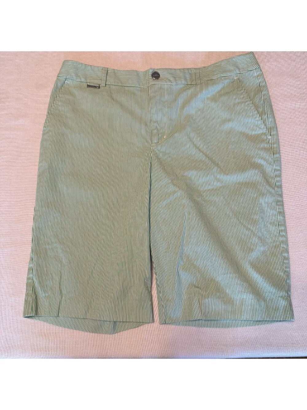 Women's L-RL Ralph Lauren Active Green & White Pinstripe Bermuda Shorts - 10